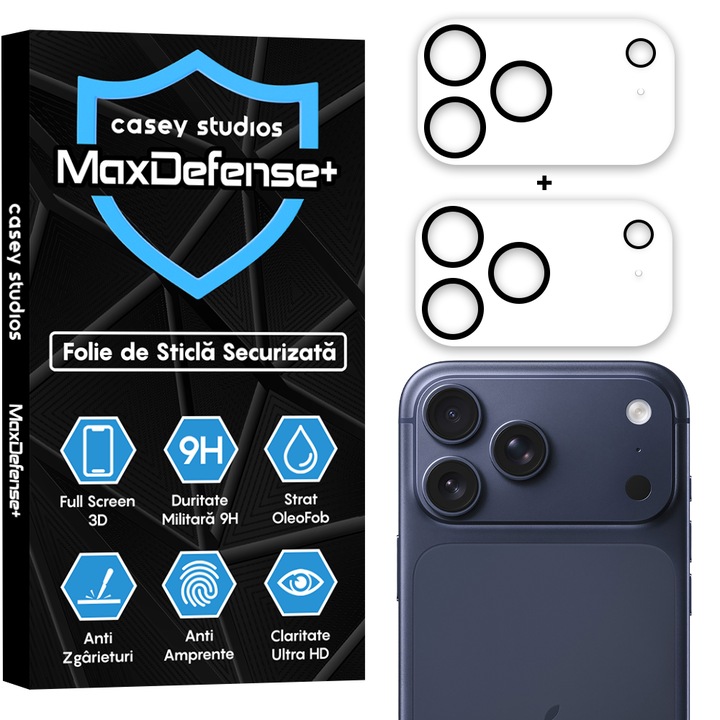 Set 2x Folie Sticla Camera compatibil cu iPhone 17 Pro Max, CASEY STUDIOS™ MaxDefense+, Protectie Securizata, Duritate 9H, Full Cover, Anti Zgarieturi, Ultra HD, Protectie Profesionala Camere 3D, Anti Zgarieturi, Anti Socuri