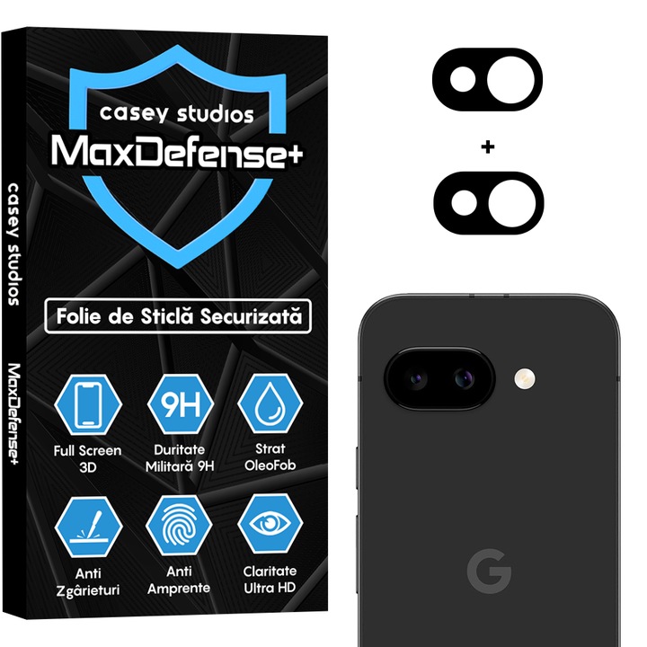 Set 2x Folie Sticla Camera compatibil cu Google Pixel 9A, CASEY STUDIOS™ MaxDefense+, Protectie Securizata, Duritate 9H, Full Cover, Anti Zgarieturi, Ultra HD, Protectie Profesionala Camere 3D, Anti Zgarieturi, Anti Socuri