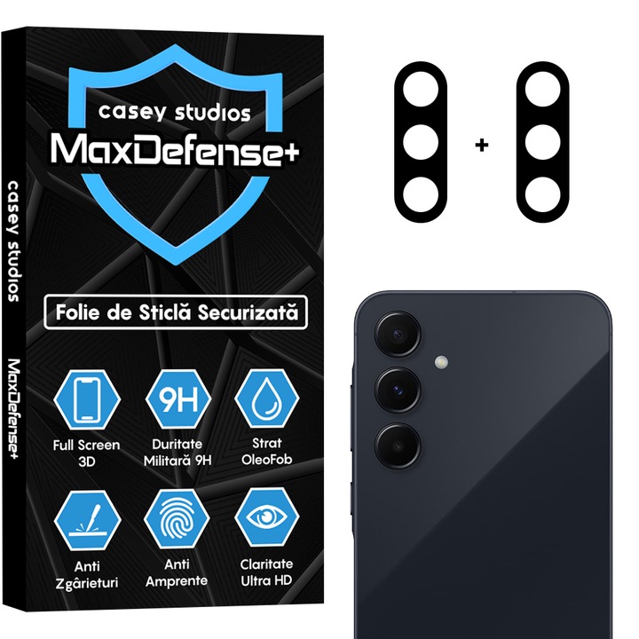 Set 2x Folie Sticla Camera compatibil cu Samsung Galaxy A55, CASEY STUDIOS™ MaxDefense+, Protectie Securizata, Duritate 9H, Full Cover, Anti Zgarieturi, Ultra HD, Protectie Profesionala Camere 3D, Anti Zgarieturi, Anti Socuri