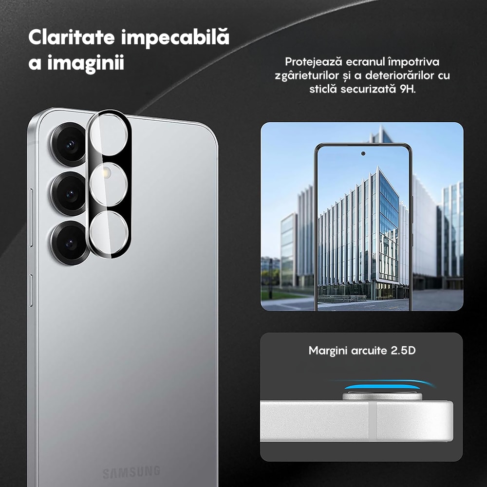 Set 2x Folie Sticla Camera compatibil cu Samsung Galaxy S25, CASEY STUDIOS™ MaxDefense+, Protectie Securizata, Duritate 9H, Full Cover, Anti Zgarieturi, Ultra HD, Protectie Profesionala Camere 3D, Anti Zgarieturi, Anti Socuri