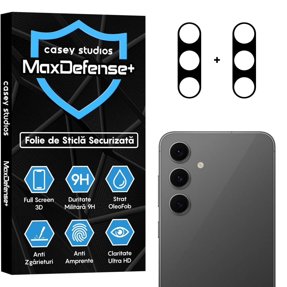 Set 2x Folie Sticla Camera compatibil cu Samsung Galaxy S25, CASEY STUDIOS™ MaxDefense+, Protectie Securizata, Duritate 9H, Full Cover, Anti Zgarieturi, Ultra HD, Protectie Profesionala Camere 3D, Anti Zgarieturi, Anti Socuri