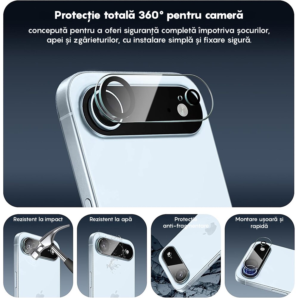 Set 2x Folie Sticla Camera compatibil cu iPhone 17 Air, CASEY STUDIOS™ MaxDefense+, Protectie Securizata, Duritate 9H, Full Cover, Anti Zgarieturi, Ultra HD, Protectie Profesionala Camere 3D, Anti Zgarieturi, Anti Socuri