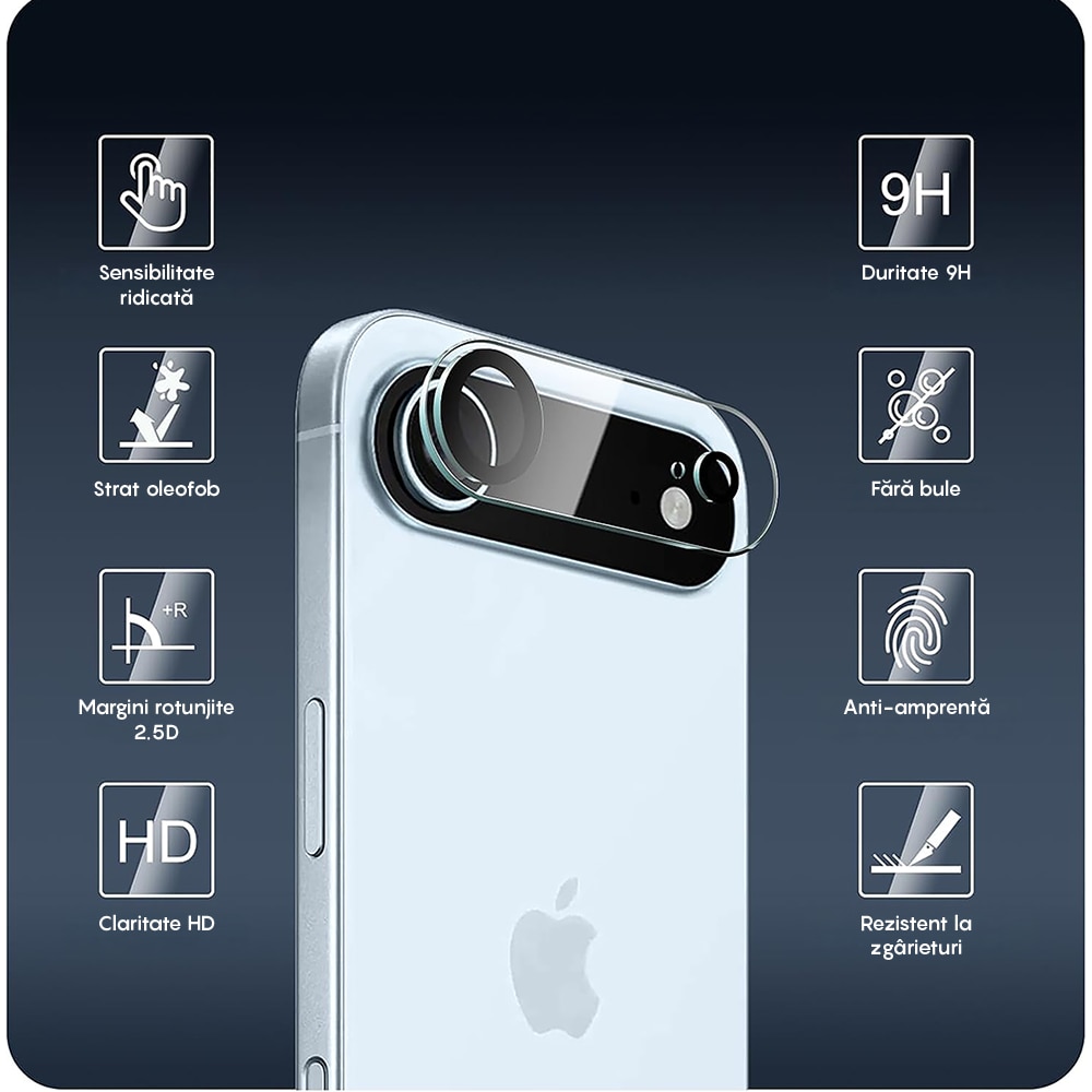 Set 2x Folie Sticla Camera compatibil cu iPhone 17 Air, CASEY STUDIOS™ MaxDefense+, Protectie Securizata, Duritate 9H, Full Cover, Anti Zgarieturi, Ultra HD, Protectie Profesionala Camere 3D, Anti Zgarieturi, Anti Socuri