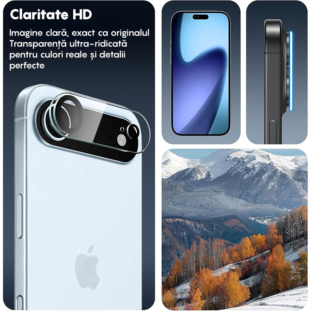 Set 2x Folie Sticla Camera compatibil cu iPhone 17 Air, CASEY STUDIOS™ MaxDefense+, Protectie Securizata, Duritate 9H, Full Cover, Anti Zgarieturi, Ultra HD, Protectie Profesionala Camere 3D, Anti Zgarieturi, Anti Socuri