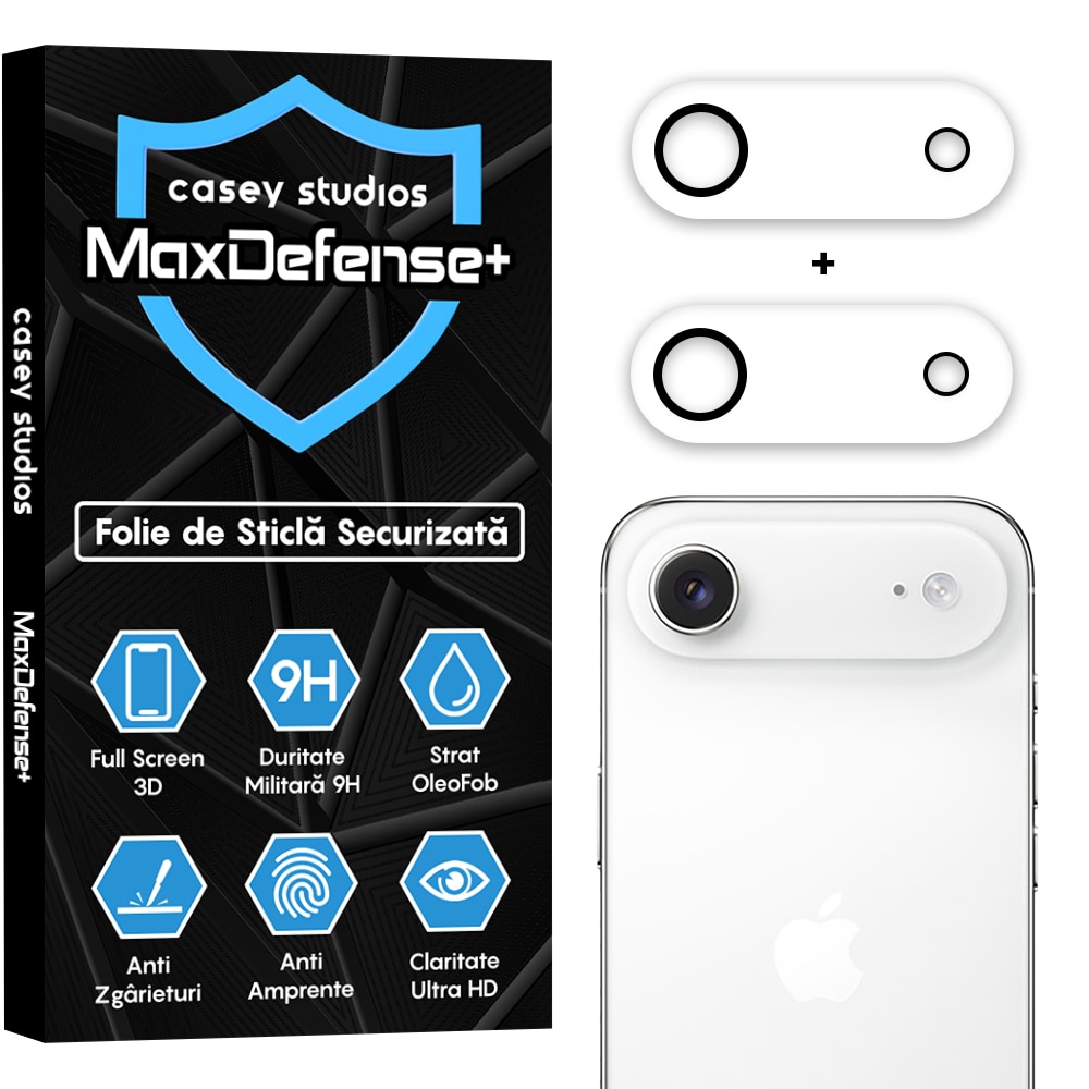 Set 2x Folie Sticla Camera compatibil cu iPhone 17 Air, CASEY STUDIOS™ MaxDefense+, Protectie Securizata, Duritate 9H, Full Cover, Anti Zgarieturi, Ultra HD, Protectie Profesionala Camere 3D, Anti Zgarieturi, Anti Socuri