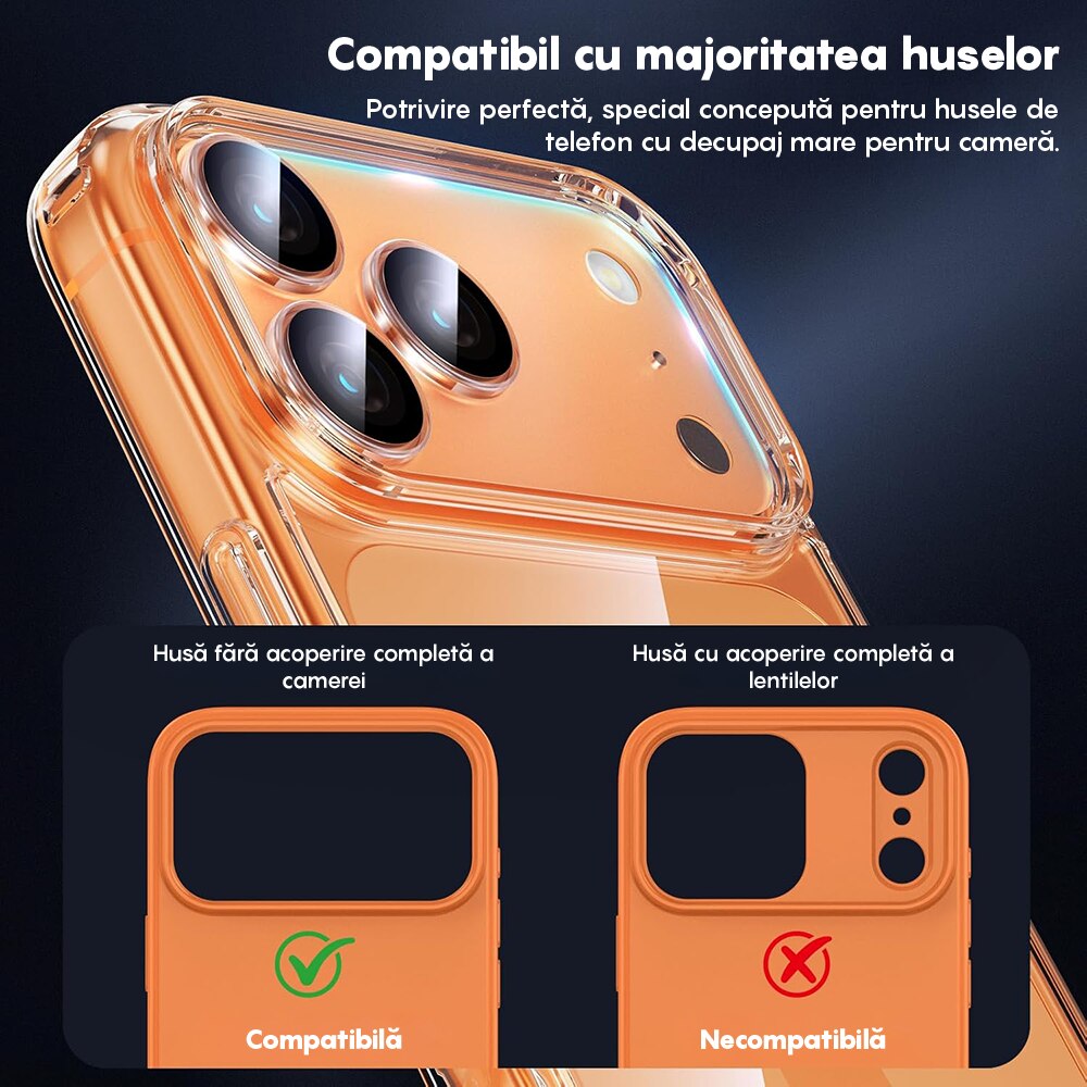 Set 2x Folie Sticla Camera compatibil cu iPhone 17 Pro, CASEY STUDIOS™ MaxDefense+, Protectie Securizata, Duritate 9H, Full Cover, Anti Zgarieturi, Ultra HD, Protectie Profesionala Camere 3D, Anti Zgarieturi, Anti Socuri