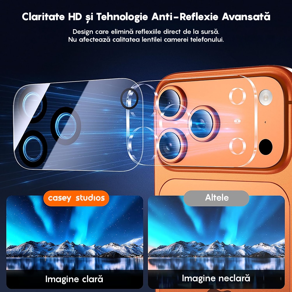 Set 2x Folie Sticla Camera compatibil cu iPhone 17 Pro, CASEY STUDIOS™ MaxDefense+, Protectie Securizata, Duritate 9H, Full Cover, Anti Zgarieturi, Ultra HD, Protectie Profesionala Camere 3D, Anti Zgarieturi, Anti Socuri