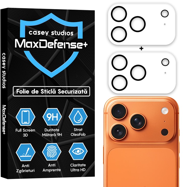 Set 2x Folie Sticla Camera compatibil cu iPhone 17 Pro, CASEY STUDIOS™ MaxDefense+, Protectie Securizata, Duritate 9H, Full Cover, Anti Zgarieturi, Ultra HD, Protectie Profesionala Camere 3D, Anti Zgarieturi, Anti Socuri