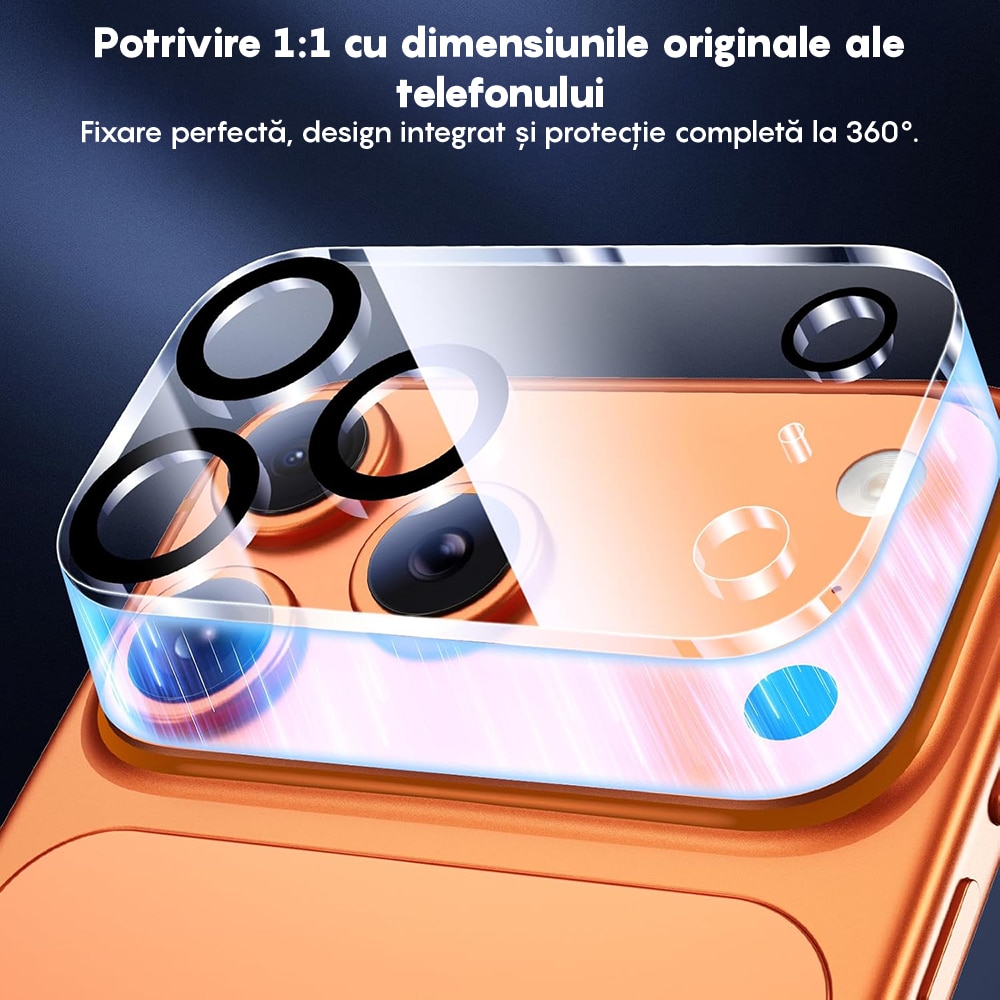 Set 2x Folie Sticla Camera compatibil cu iPhone 17 Pro, CASEY STUDIOS™ MaxDefense+, Protectie Securizata, Duritate 9H, Full Cover, Anti Zgarieturi, Ultra HD, Protectie Profesionala Camere 3D, Anti Zgarieturi, Anti Socuri