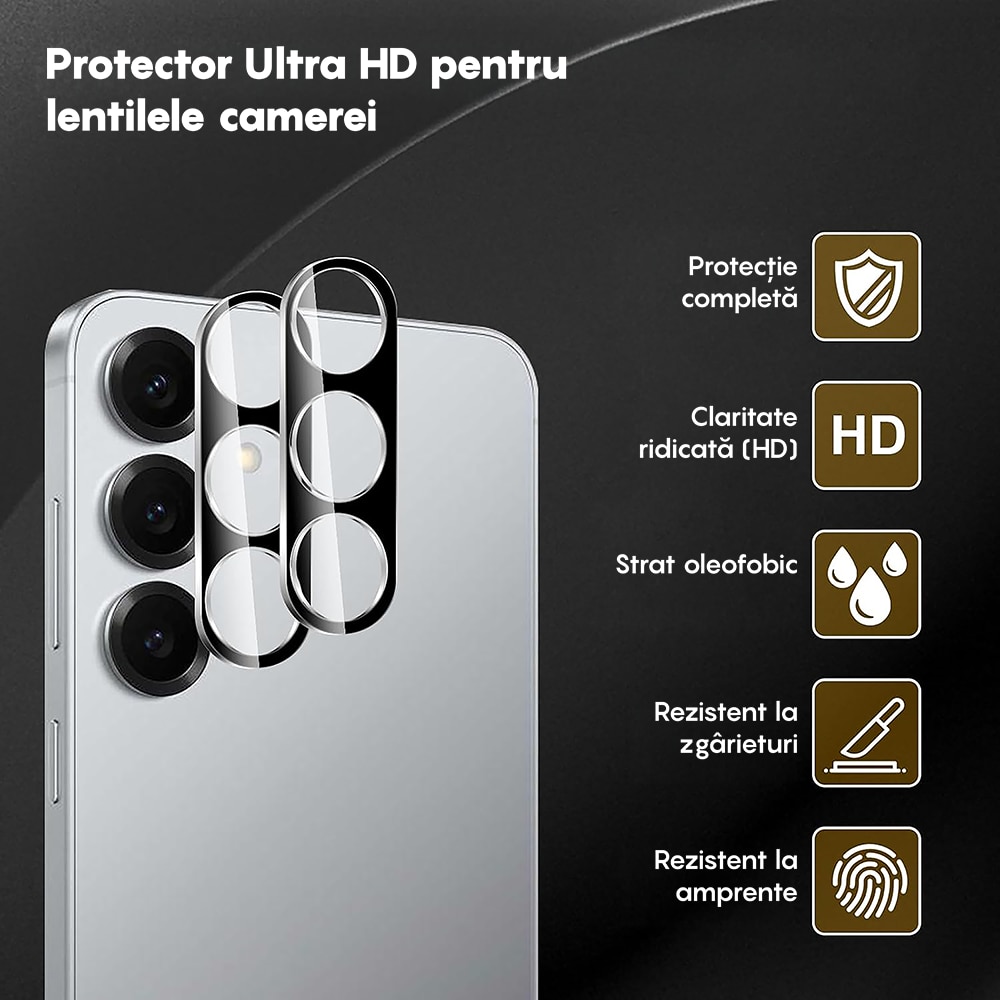 Set 2x Folie Sticla Camera compatibil cu Samsung Galaxy S25, CASEY STUDIOS™ MaxDefense+, Protectie Securizata, Duritate 9H, Full Cover, Anti Zgarieturi, Ultra HD, Protectie Profesionala Camere 3D, Anti Zgarieturi, Anti Socuri