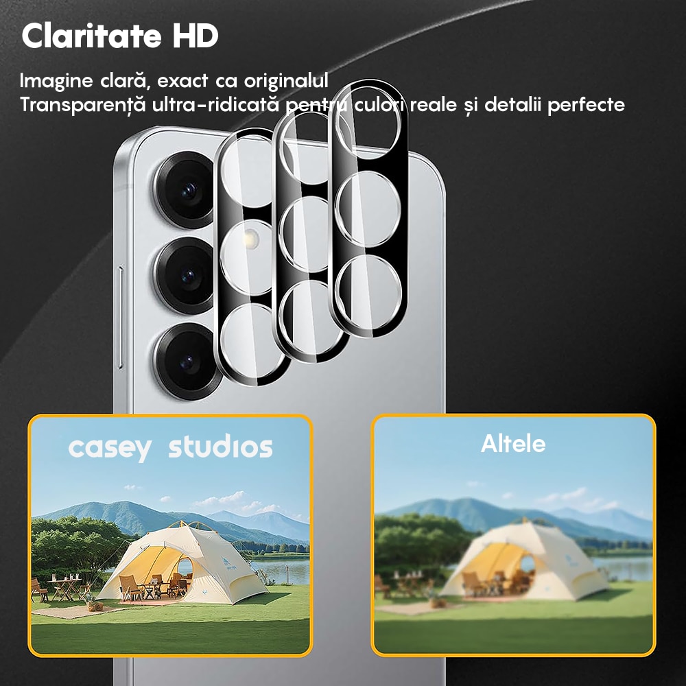 Set 2x Folie Sticla Camera compatibil cu Samsung Galaxy S25, CASEY STUDIOS™ MaxDefense+, Protectie Securizata, Duritate 9H, Full Cover, Anti Zgarieturi, Ultra HD, Protectie Profesionala Camere 3D, Anti Zgarieturi, Anti Socuri