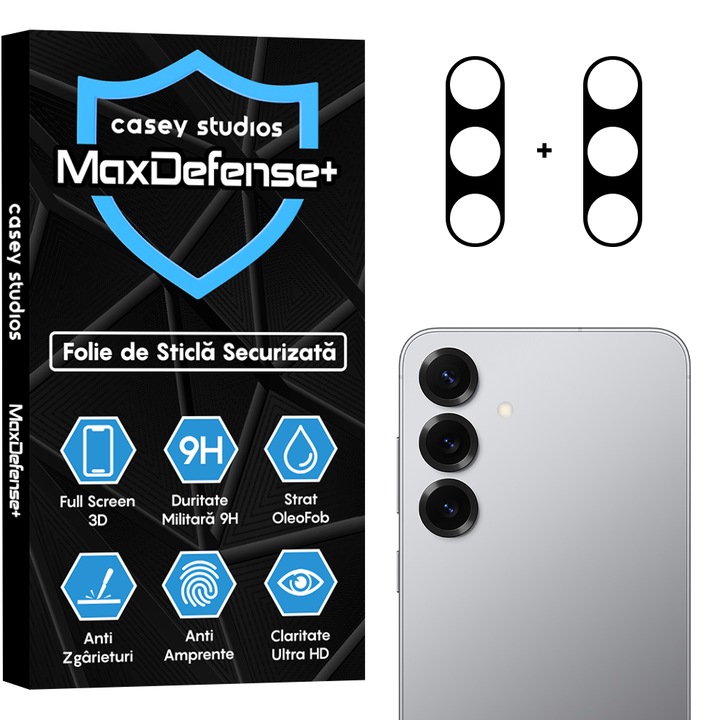 Set 2x Fólia Üveg Kamera kompatibilis Samsung Galaxy S25 Plus, CASEY STUDIOS™ MaxDefense+, Biztonságos Védelem, 9H Keménység, Teljes Borítás, Karcálló, Ultra HD, Professzionális 3D Kamera Védelem, Karcálló, Ütésálló