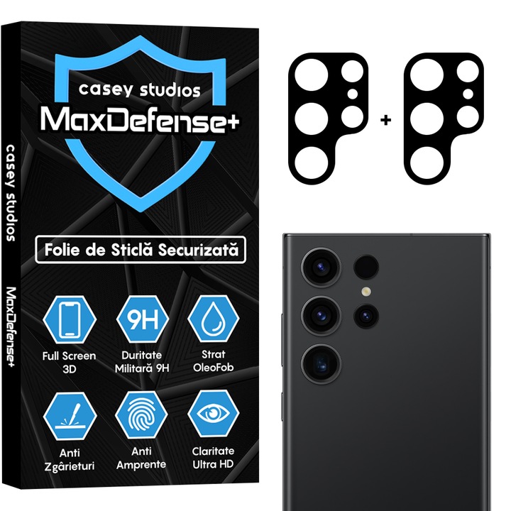 Set 2x Folie Sticla Camera compatibil cu Samsung Galaxy S23 Ultra, CASEY STUDIOS™ MaxDefense+, Protectie Securizata, Duritate 9H, Full Cover, Anti Zgarieturi, Ultra HD, Protectie Profesionala Camere 3D, Anti Zgarieturi, Anti Socuri