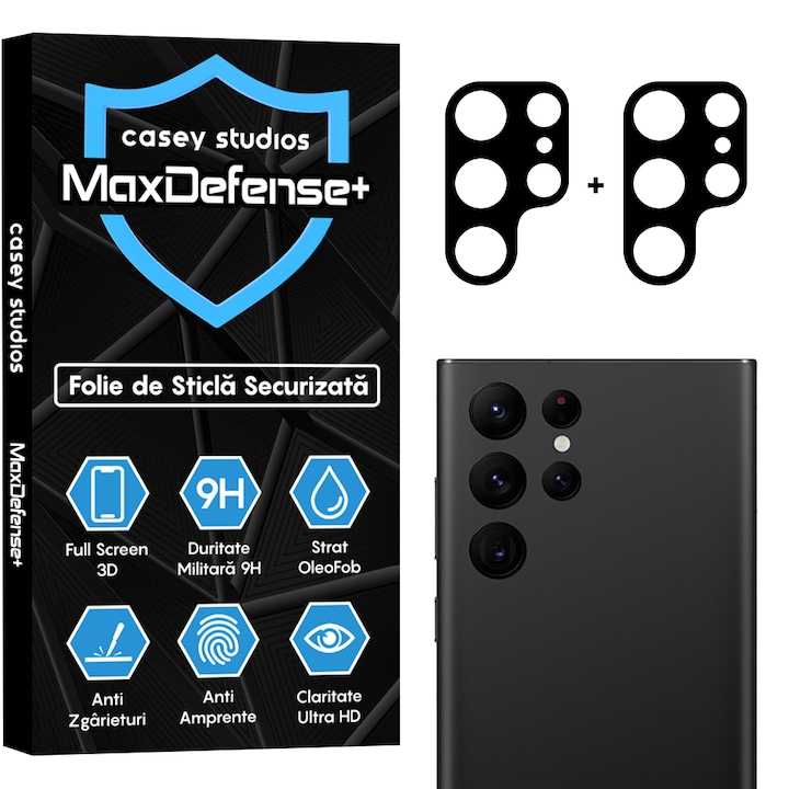 Set 2x Folie Sticla Camera compatibil cu Samsung Galaxy S22 Ultra, CASEY STUDIOS™ MaxDefense+, Protectie Securizata, Duritate 9H, Full Cover, Anti Zgarieturi, Ultra HD, Protectie Profesionala Camere 3D, Anti Zgarieturi, Anti Socuri
