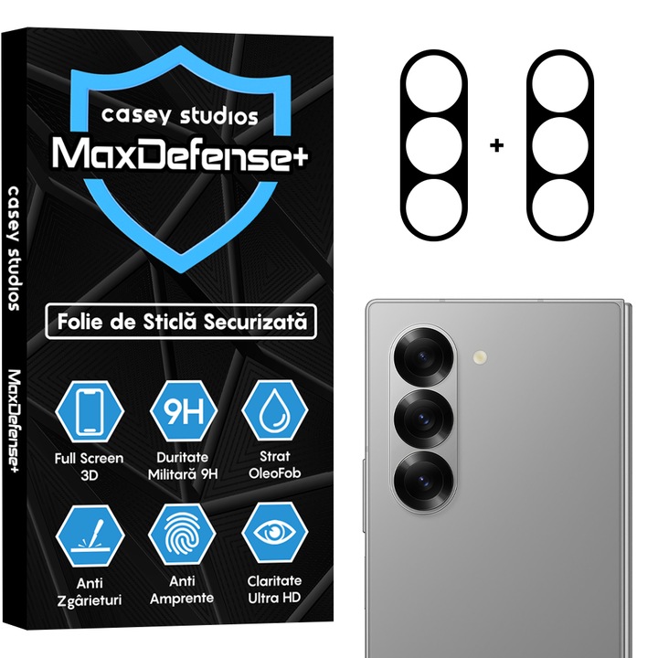 Set 2x Folie Sticla Camera compatibil cu Samsung Galaxy Z Fold6, CASEY STUDIOS™ MaxDefense+, Protectie Securizata, Duritate 9H, Full Cover, Anti Zgarieturi, Ultra HD, Protectie Profesionala Camere 3D, Anti Zgarieturi, Anti Socuri