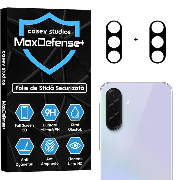 Set 2x Üvegfólia Kamera kompatibilis Samsung Galaxy A56/A36, CASEY STUDIOS™ MaxDefense+, Biztonságos Védelem, 9H Keménység, Teljes Borítás, Karcolásgátló, Ultra HD, Professzionális 3D Kamera Védelem, Karcolásgátló, Ütésálló