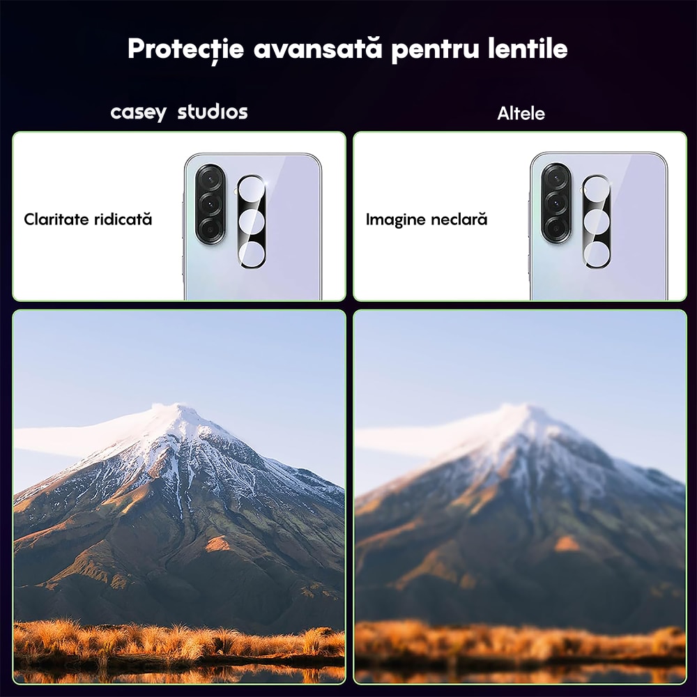 Set 2x Folie Sticla Camera compatibil cu Samsung Galaxy A56/A36, CASEY STUDIOS™ MaxDefense+, Protectie Securizata, Duritate 9H, Full Cover, Anti Zgarieturi, Ultra HD, Protectie Profesionala Camere 3D, Anti Zgarieturi, Anti Socuri