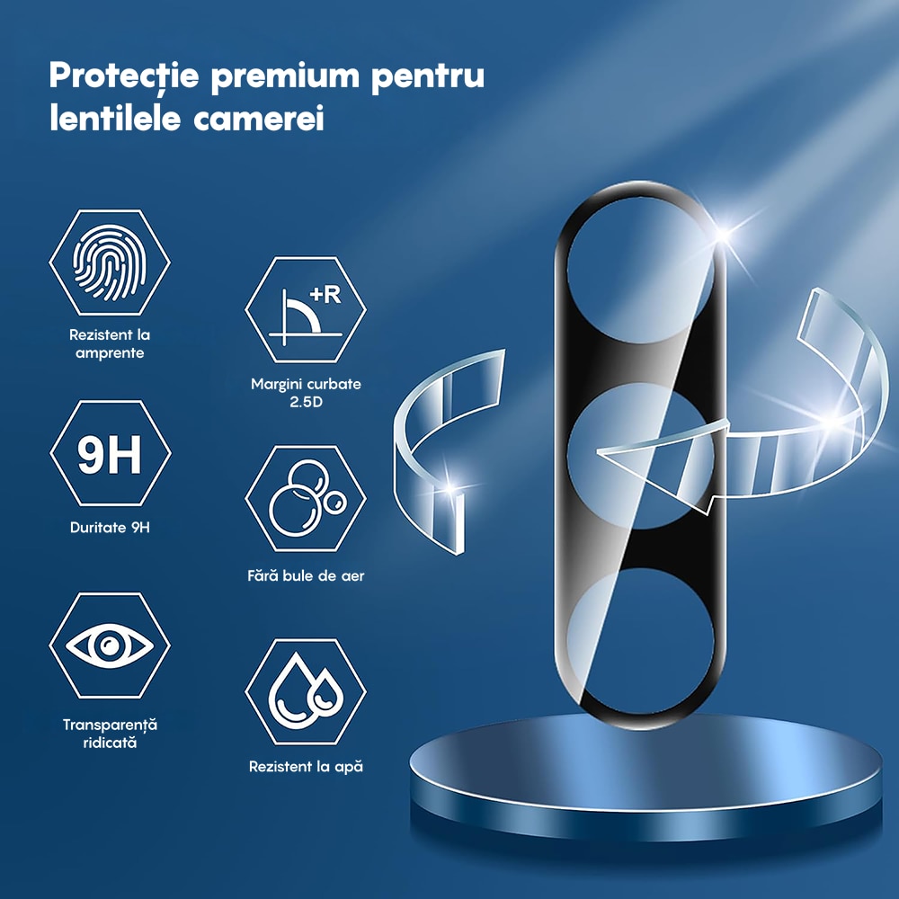 Set 2x Folie Sticla Camera compatibil cu Samsung Galaxy A56/A36, CASEY STUDIOS™ MaxDefense+, Protectie Securizata, Duritate 9H, Full Cover, Anti Zgarieturi, Ultra HD, Protectie Profesionala Camere 3D, Anti Zgarieturi, Anti Socuri