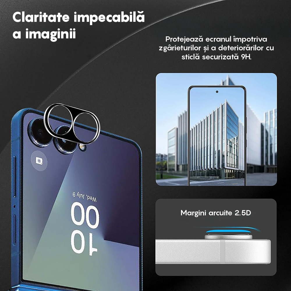 Set 2x Folie Sticla Camera compatibil cu Samsung Galaxy Z Flip7, CASEY STUDIOS™ MaxDefense+, Protectie Securizata, Duritate 9H, Full Cover, Anti Zgarieturi, Ultra HD, Protectie Profesionala Camere 3D, Anti Zgarieturi, Anti Socuri