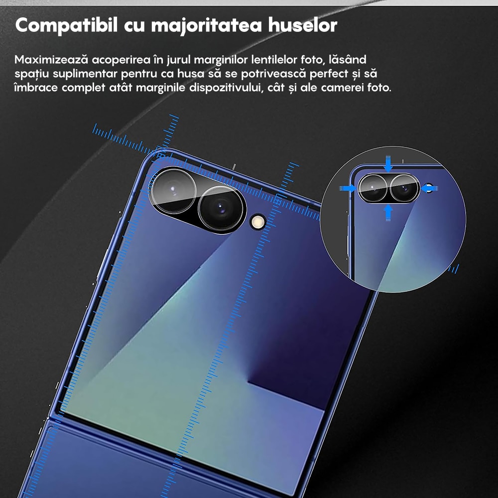 Set 2x Folie Sticla Camera compatibil cu Samsung Galaxy Z Flip7, CASEY STUDIOS™ MaxDefense+, Protectie Securizata, Duritate 9H, Full Cover, Anti Zgarieturi, Ultra HD, Protectie Profesionala Camere 3D, Anti Zgarieturi, Anti Socuri