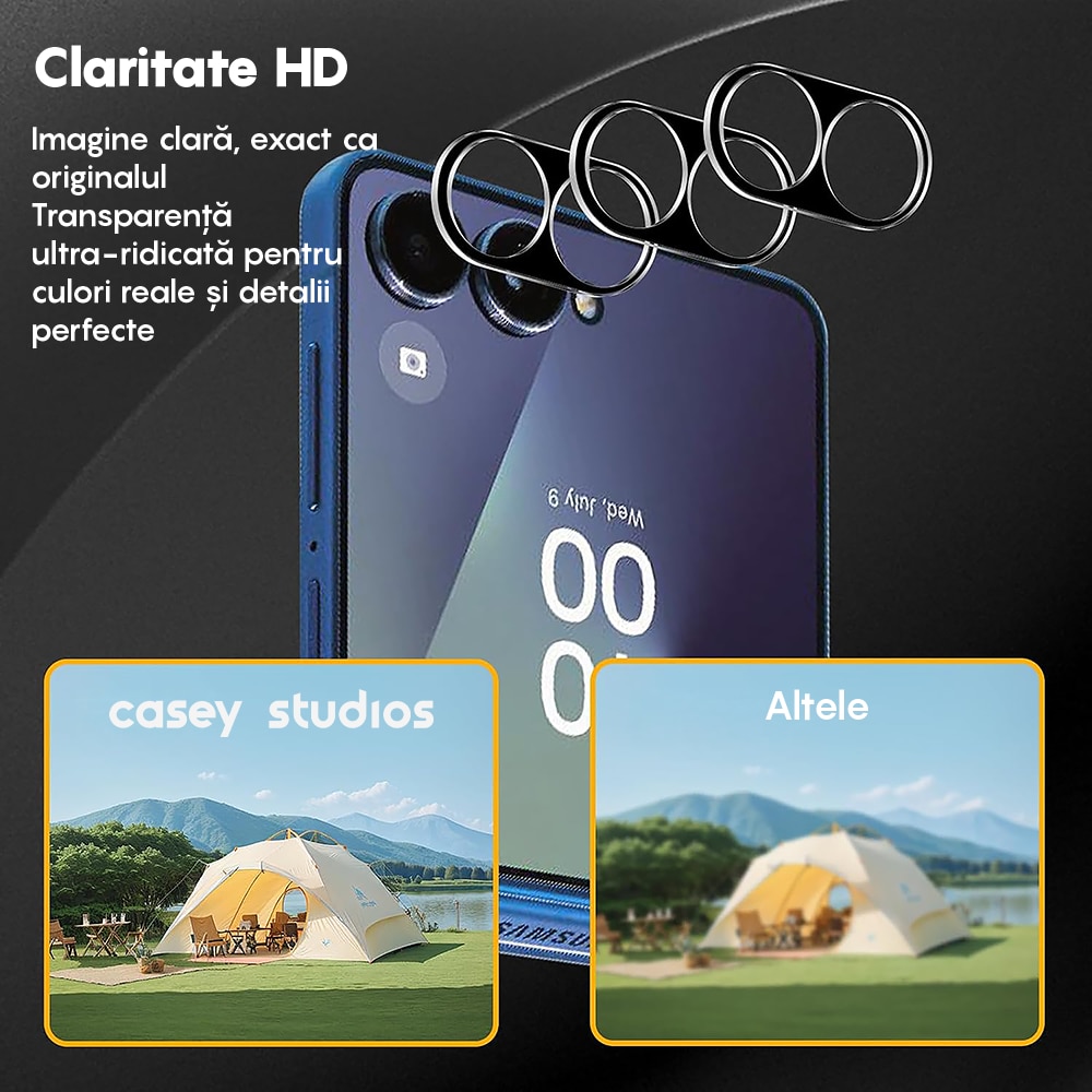 Set 2x Folie Sticla Camera compatibil cu Samsung Galaxy Z Flip7, CASEY STUDIOS™ MaxDefense+, Protectie Securizata, Duritate 9H, Full Cover, Anti Zgarieturi, Ultra HD, Protectie Profesionala Camere 3D, Anti Zgarieturi, Anti Socuri