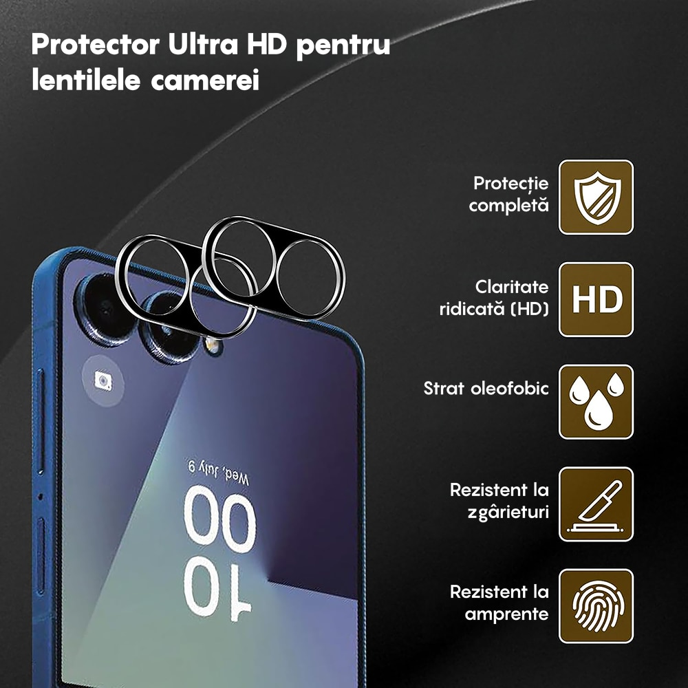 Set 2x Folie Sticla Camera compatibil cu Samsung Galaxy Z Flip7, CASEY STUDIOS™ MaxDefense+, Protectie Securizata, Duritate 9H, Full Cover, Anti Zgarieturi, Ultra HD, Protectie Profesionala Camere 3D, Anti Zgarieturi, Anti Socuri