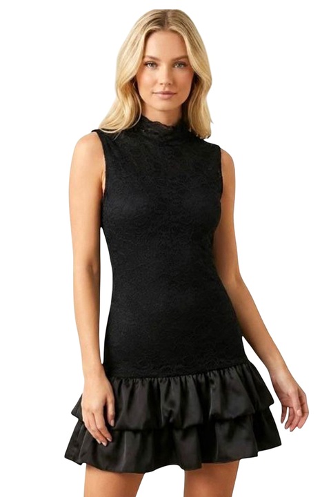 Къса сатенена рокля IVORIA, с дантела и висока яка, Черна, FashionForYou, Универсален размер S/M