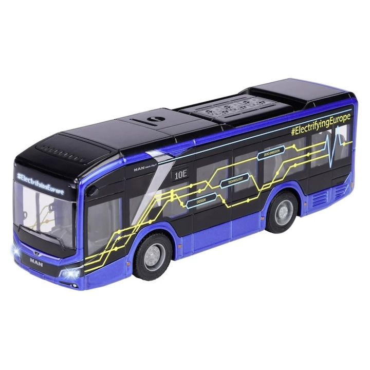 Autobuz electric Simba MAN Lion's City 10E, albastru, lumini si sunete, 22.5x10x13cm