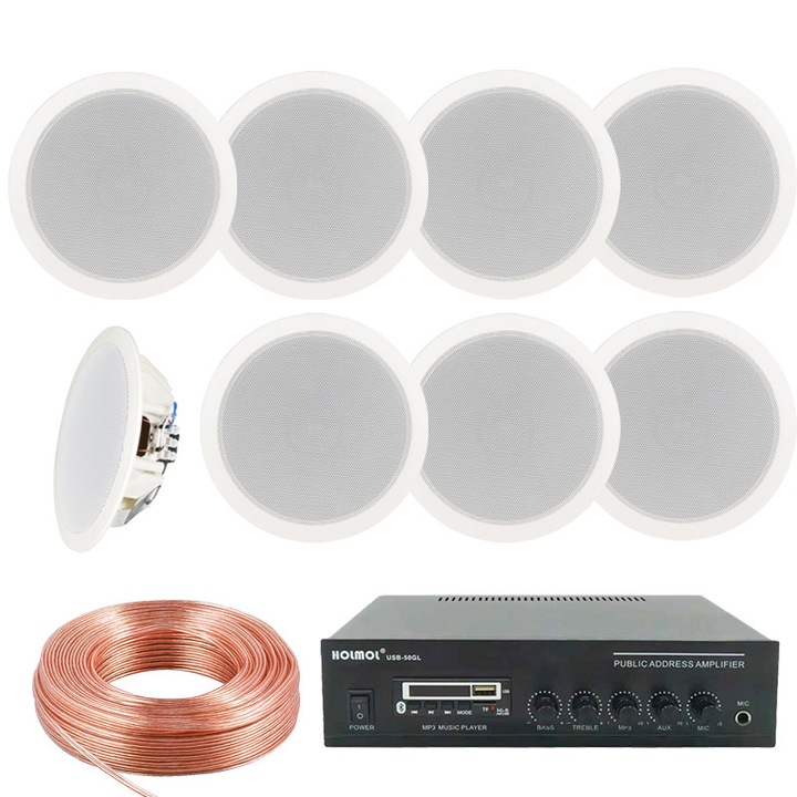 Sistem Audio 6 Boxe tavan cu Statie 100V Adastra Bundle 6, Bluetooth, Restaurant, Cafenea, Cablu inclus