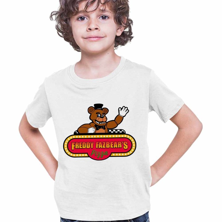 Tricou Copii Baieti Fnaf Freddy Fazbears Pizza Five Nights at Freddy Horror Halloween, Fehér