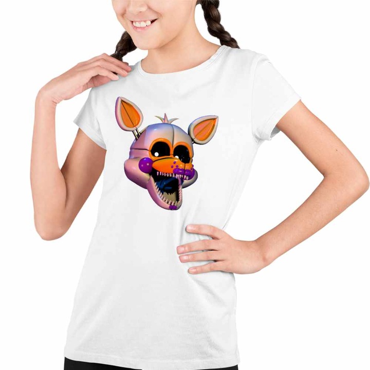 Tricou Copii Fete Fnaf Funtime Foxy Five Nights at Freddy Horror Halloween, Fehér
