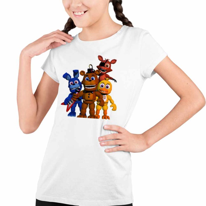 Tricou Copii Fete FNAF All Team Five Nights at Freddy Horror Halloween, Fehér