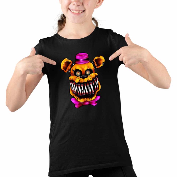 Tricou Copii Fete Fnaf Nightmare Freddy Five Nights at Freddy Horror Halloween, Fekete