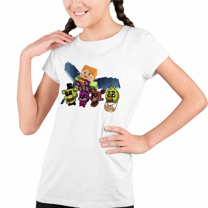Tricou Copii Fete Fnaf Minecraft Five Nights at Freddy Horror Halloween, Fehér