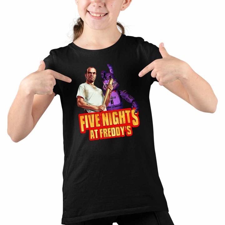 Tricou Copii Fete Fnaf GTA5 Five Nights at Freddy Horror Halloween, Fekete