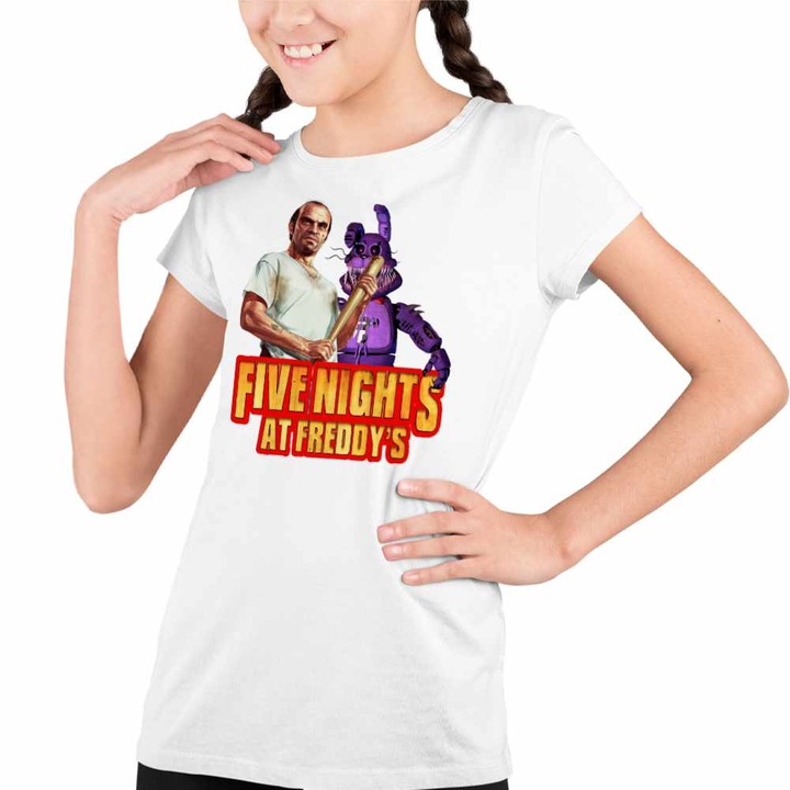 Tricou Copii Fete Fnaf GTA5 Five Nights at Freddy Horror Halloween, Fehér