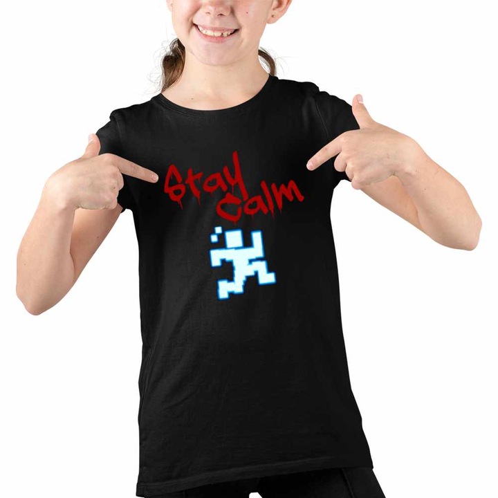 Tricou Copii Fete Fnaf Stay Calm Run Five Nights at Freddy Horror Halloween, Fekete