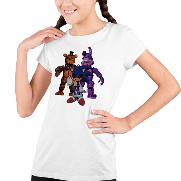 Tricou Copii Fete Fnaf Sonic Five Nights at Freddy Horror Halloween, Fehér