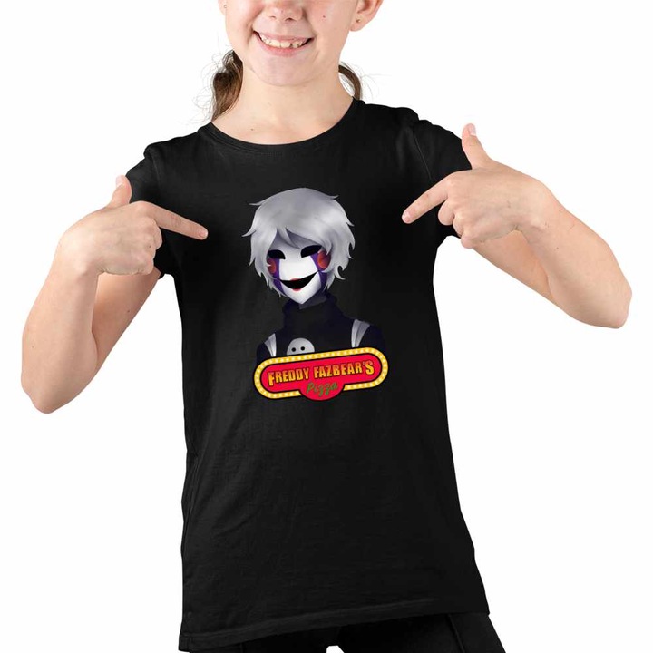 Tricou Copii Fete Fnaf Marionette Five Nights at Freddy Horror Halloween, Fekete