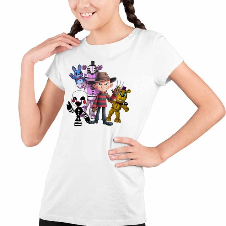 Tricou Copii Fete Fnaf Freddy Krueger Five Nights at Freddy Horror Halloween, Fehér