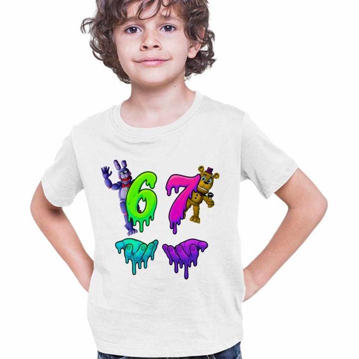 Tricou Copii Baieti Fnaf Six Seven Five Nights at Freddy Horror Halloween, Fehér