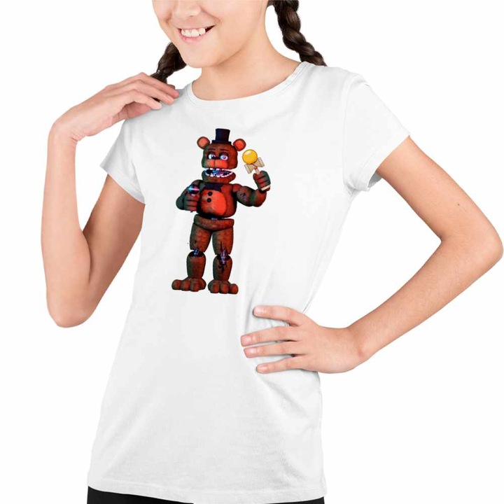 Tricou Copii Fete Fnaf Freddy Kendama Five Nights at Freddy Horror Halloween, Fehér