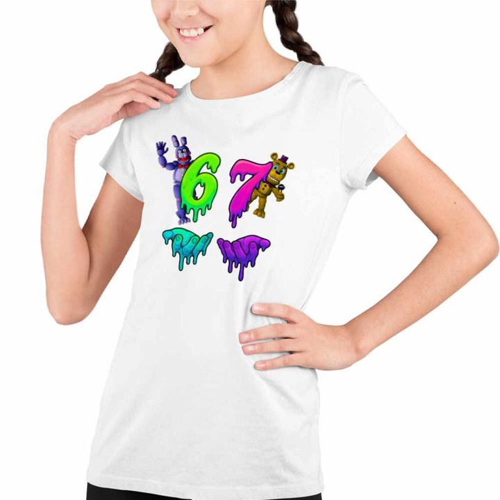 Tricou Copii Fete Fnaf Six Seven Five Nights at Freddy Horror Halloween, Fehér
