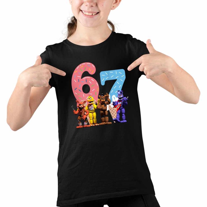 Tricou Copii Fete Fnaf Six Seven Ice Cream Party Five Nights at Freddy Horror Halloween, Fekete