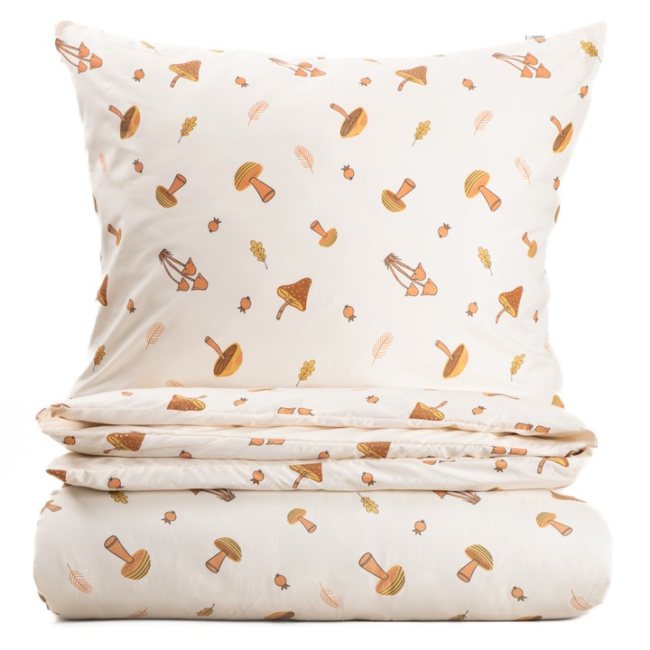 Lenjerie de pat SHROOM, 220x200cm + 2 x 70x80cm, microfibra, model ciuperci, HOMLA