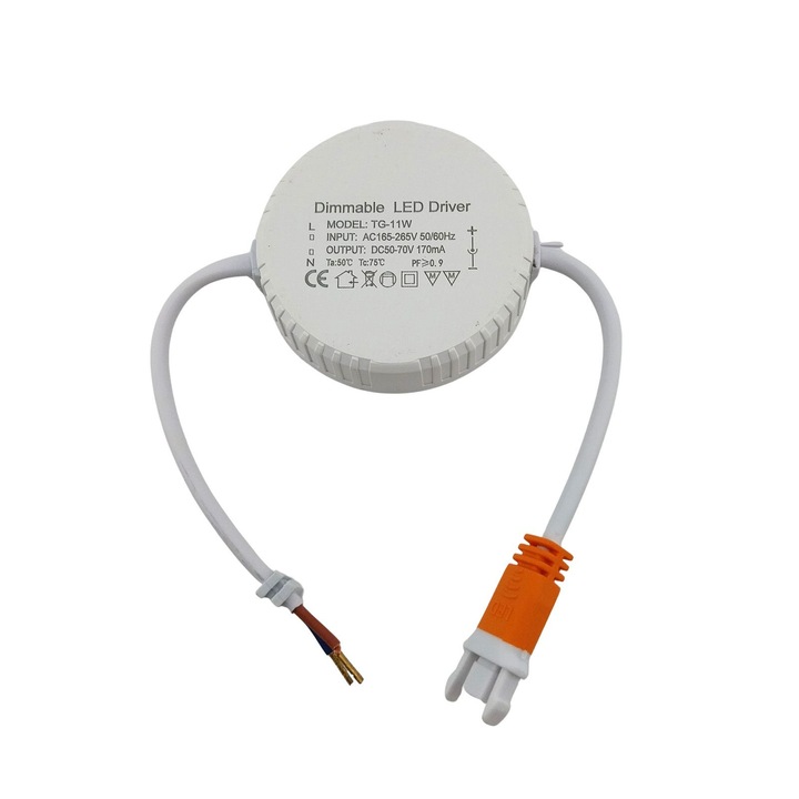 Driver LED 11b QIAOPU Model: TG-11W 170mA 50-70V, gri, reglabil, Ø 56 mm, inaltime 14 mm Include cablu primar si secundar + priza ORION