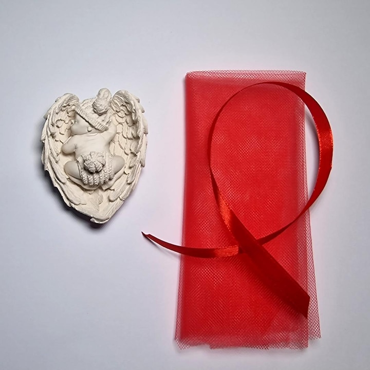 Marturie botez NEIMPACHETATA, din ipsos in forma de bebelus pe aripi, 8 cm, rosu