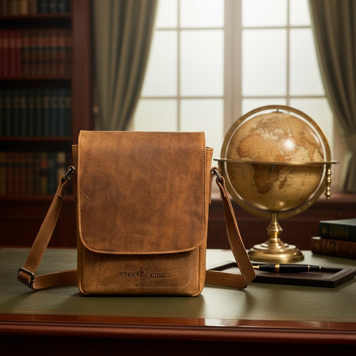 Borseta barbati Micutz Greenwood, 19x23x7 cm, Piele Naturala Ceruita Manual, Design Vintage, Maro Deschis