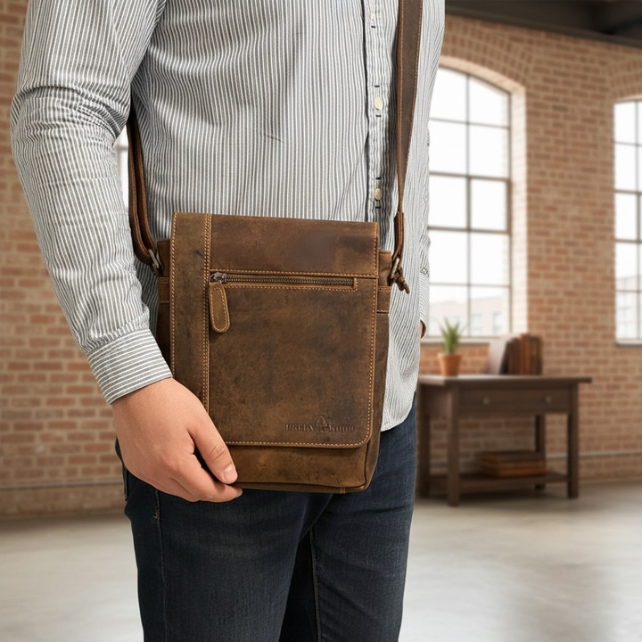 Borseta de umar pentru barbati din piele naturala Premium Vintage: Greenwood, Culoare Maro
