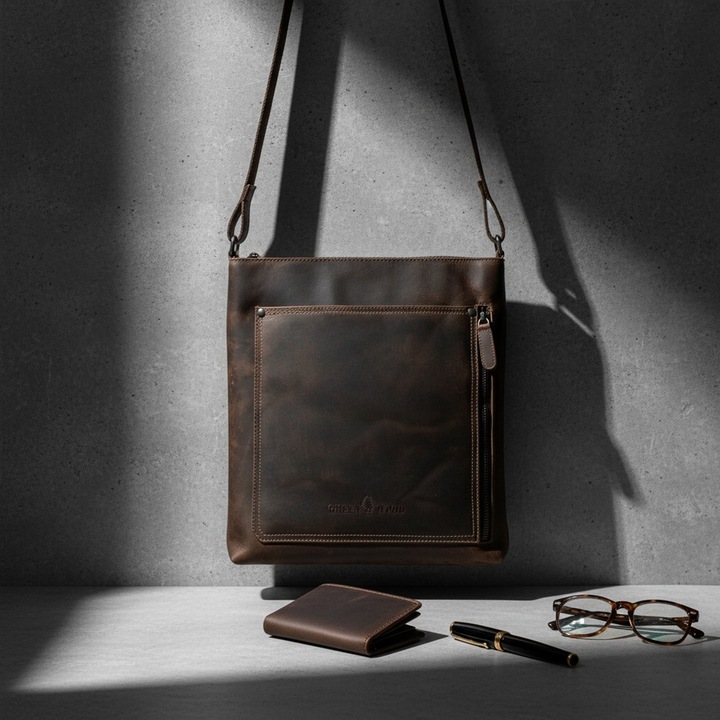 Geanta de umar / borseta barbati din piele naturala Top Grain, Greenwood, 28x30x7 cm, Culoare Maro Inchis